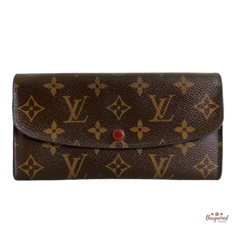 Authentic Louis Vuitton Monogram Canvas Leather Red Emilie Long Wallet CA2140